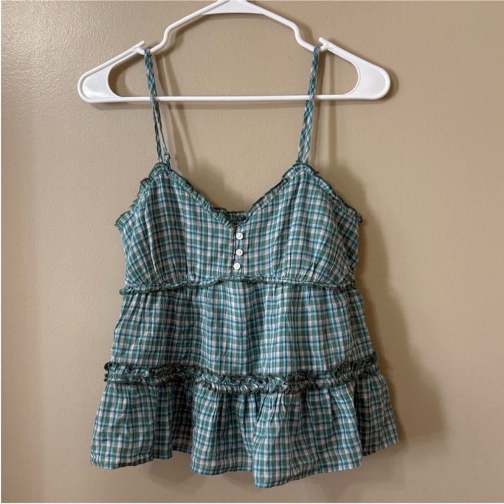 American Eagle Plaid Ruffle Babydoll Tank Top